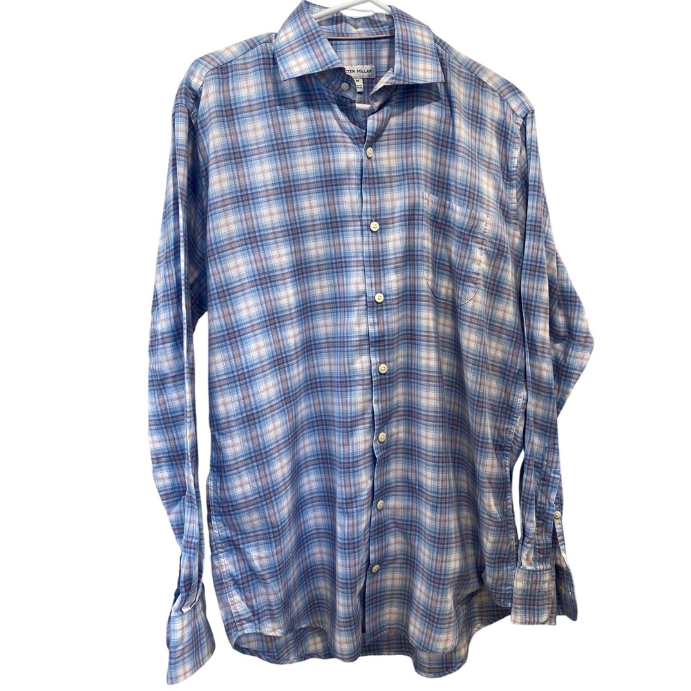 Peter Millar Button Up Long Sleeve Shirt Mens Medium Blue Plaid 100%‎ Cotton EUC